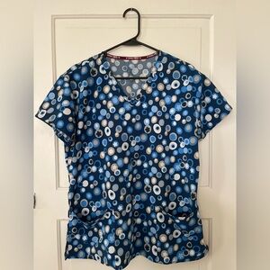 Blue and White Patterned Scrub Top
